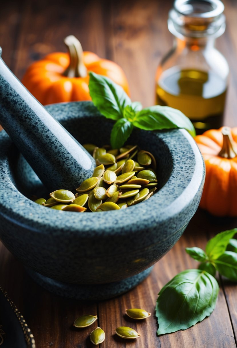 A mortar and pestle crushing pumpkin seeds, basil, and olive oil