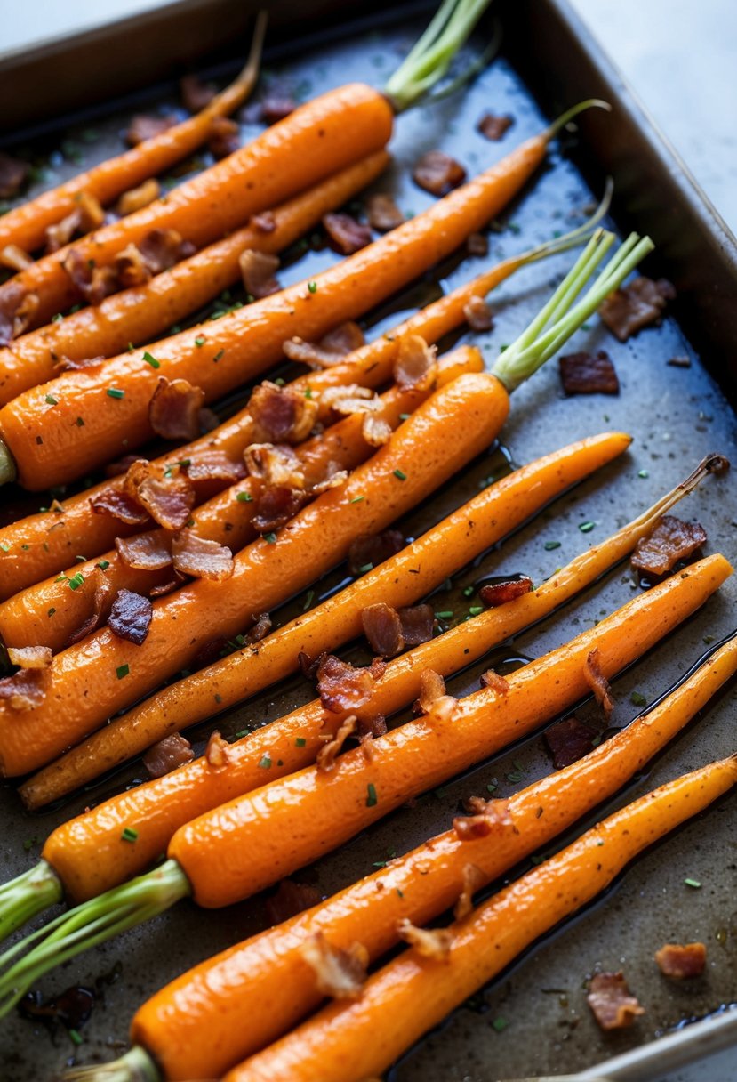 A tray of roasted carrots drizzled with maple syrup and topped with crispy bacon bits