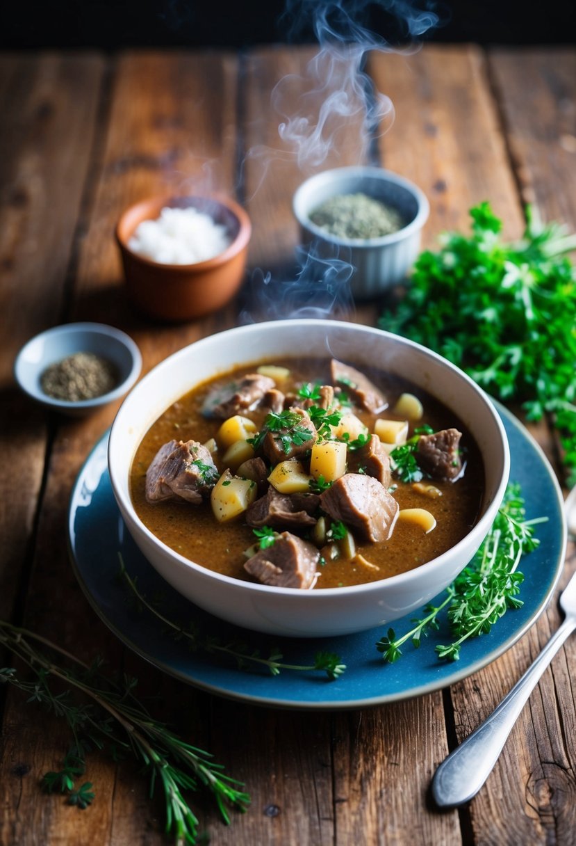 A rustic wooden table set with a steaming bowl of Venison Stroganoff surrounded by fresh herbs and spices