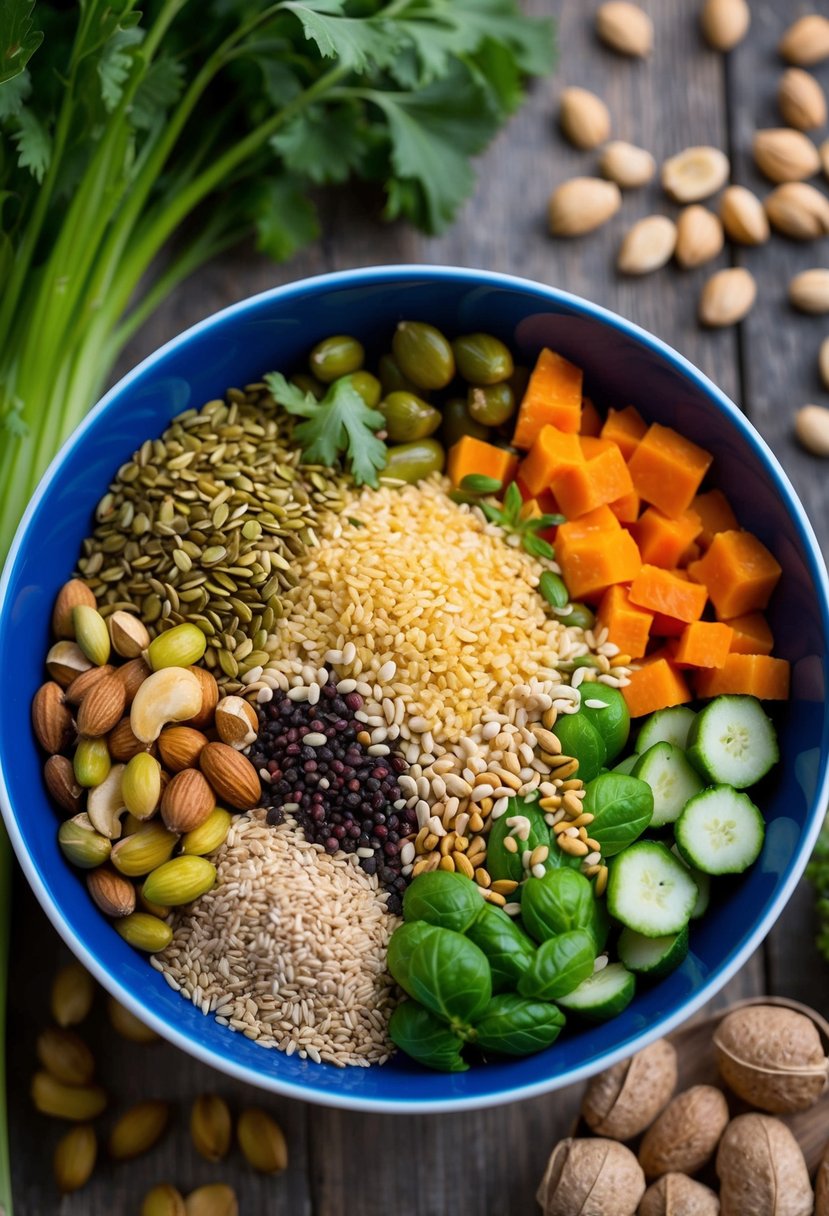 A colorful bowl filled with a variety of grains, nuts, seeds, and fresh vegetables arranged in an aesthetically pleasing manner