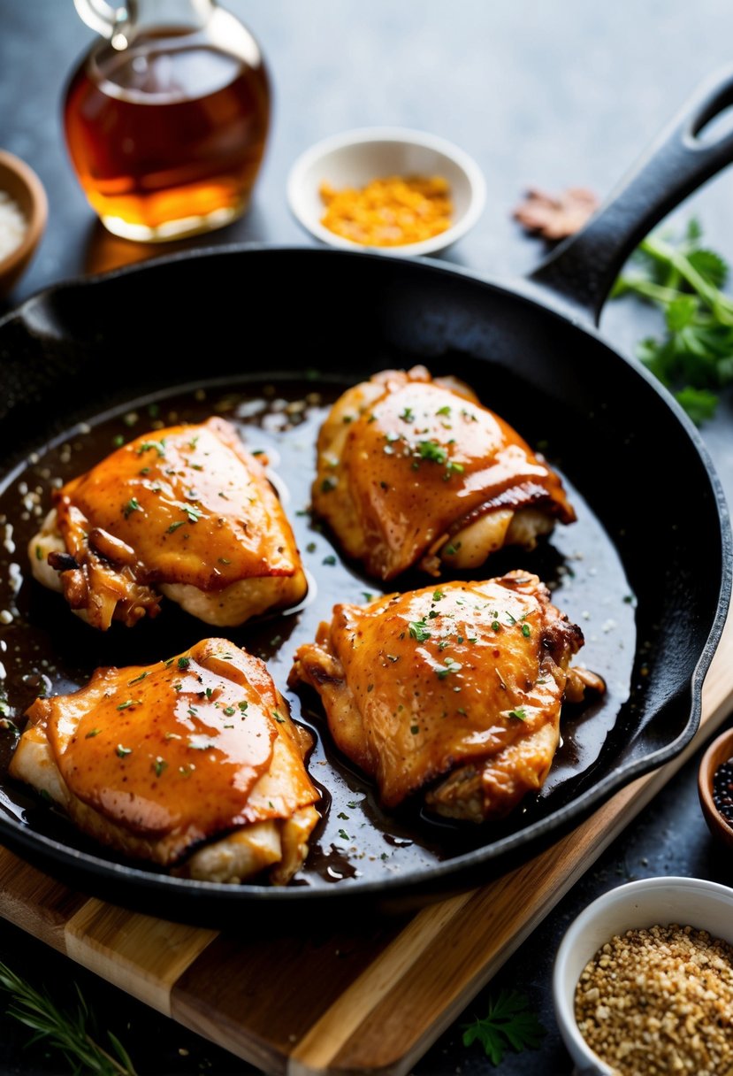 A skillet sizzling with chicken thighs glazed in a rich maple dijon sauce, surrounded by ingredients like maple syrup and herbs