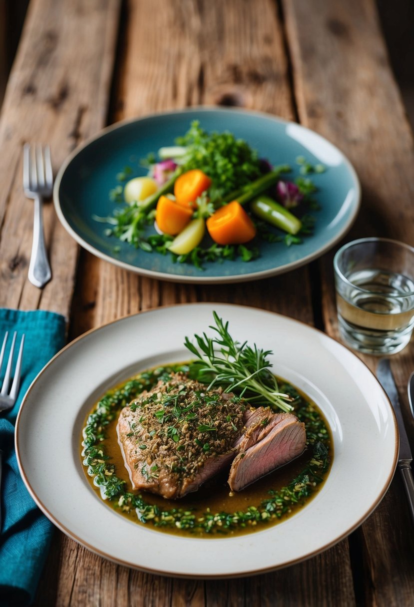 A rustic wooden table displaying a beautifully plated herb-crusted axis venison dish, garnished with fresh herbs and accompanied by seasonal vegetables