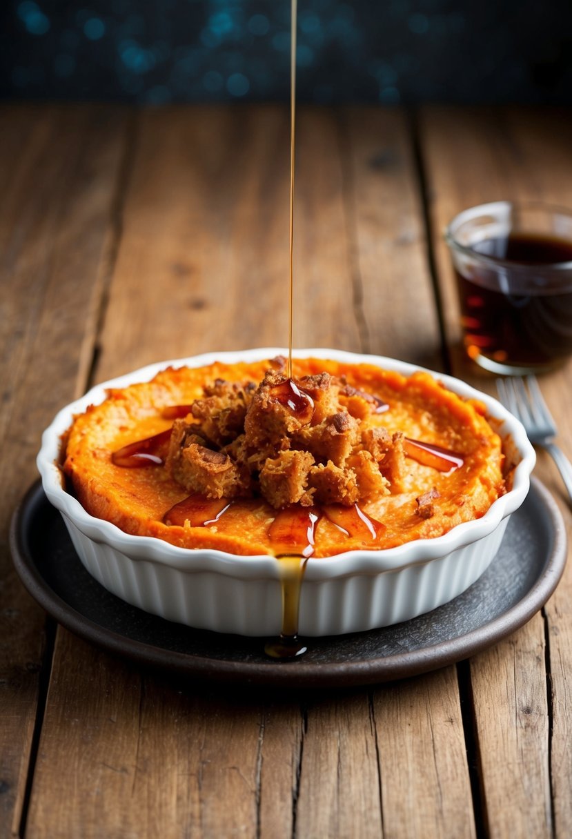 A sweet potato casserole sits on a rustic wooden table, drizzled with maple syrup and topped with a golden brown, crispy crust