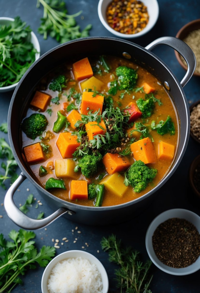 A pot of colorful vegetables simmering in a fragrant Ayurvedic stew, surrounded by various herbs and spices