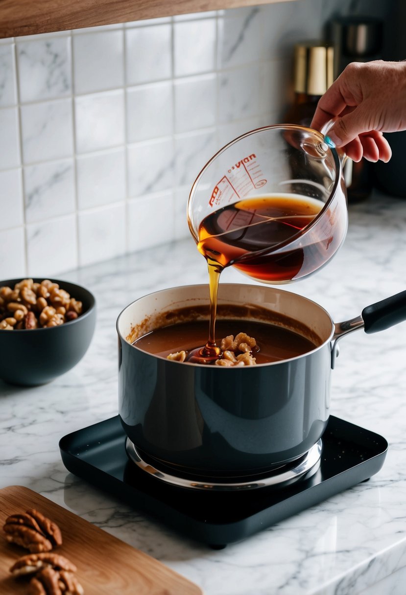 A simmering pot of maple syrup and walnuts being stirred into fudge mixture on a marble countertop