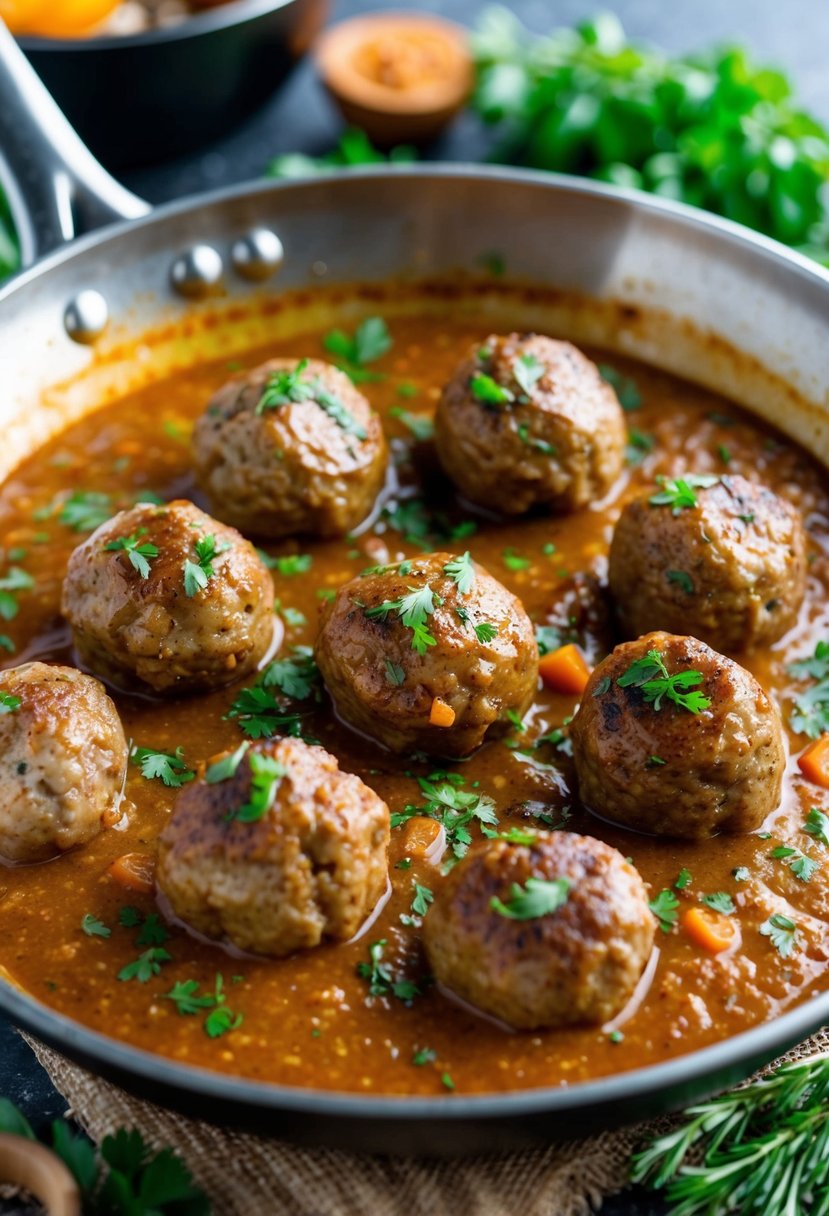 A sizzling skillet of axis deer meatballs cooking in a savory sauce, surrounded by fresh herbs and spices