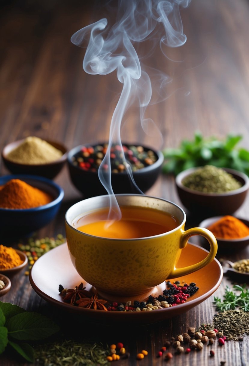 A steaming cup of Ayurvedic spiced tea surrounded by colorful spices and herbs on a wooden table