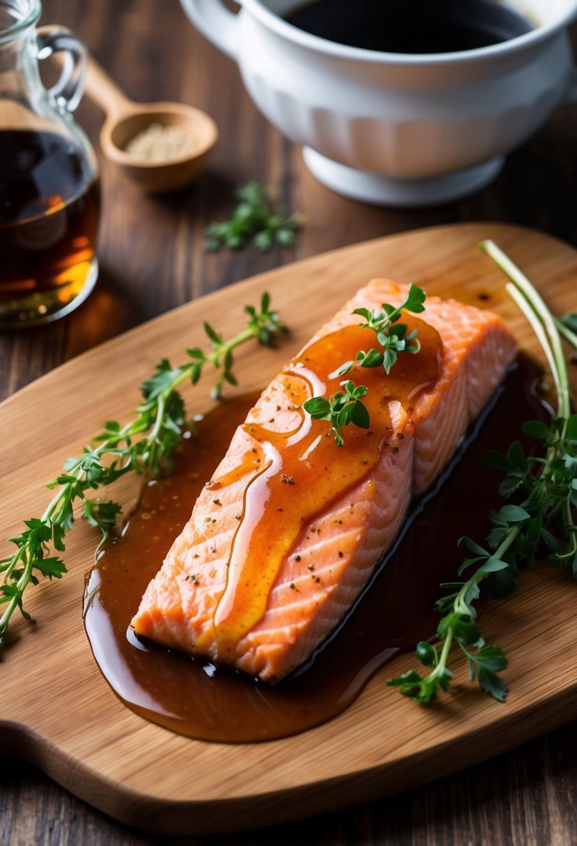 A salmon fillet glazed with maple bourbon sauce, surrounded by a drizzle of syrup and a sprig of fresh herbs on a wooden cutting board