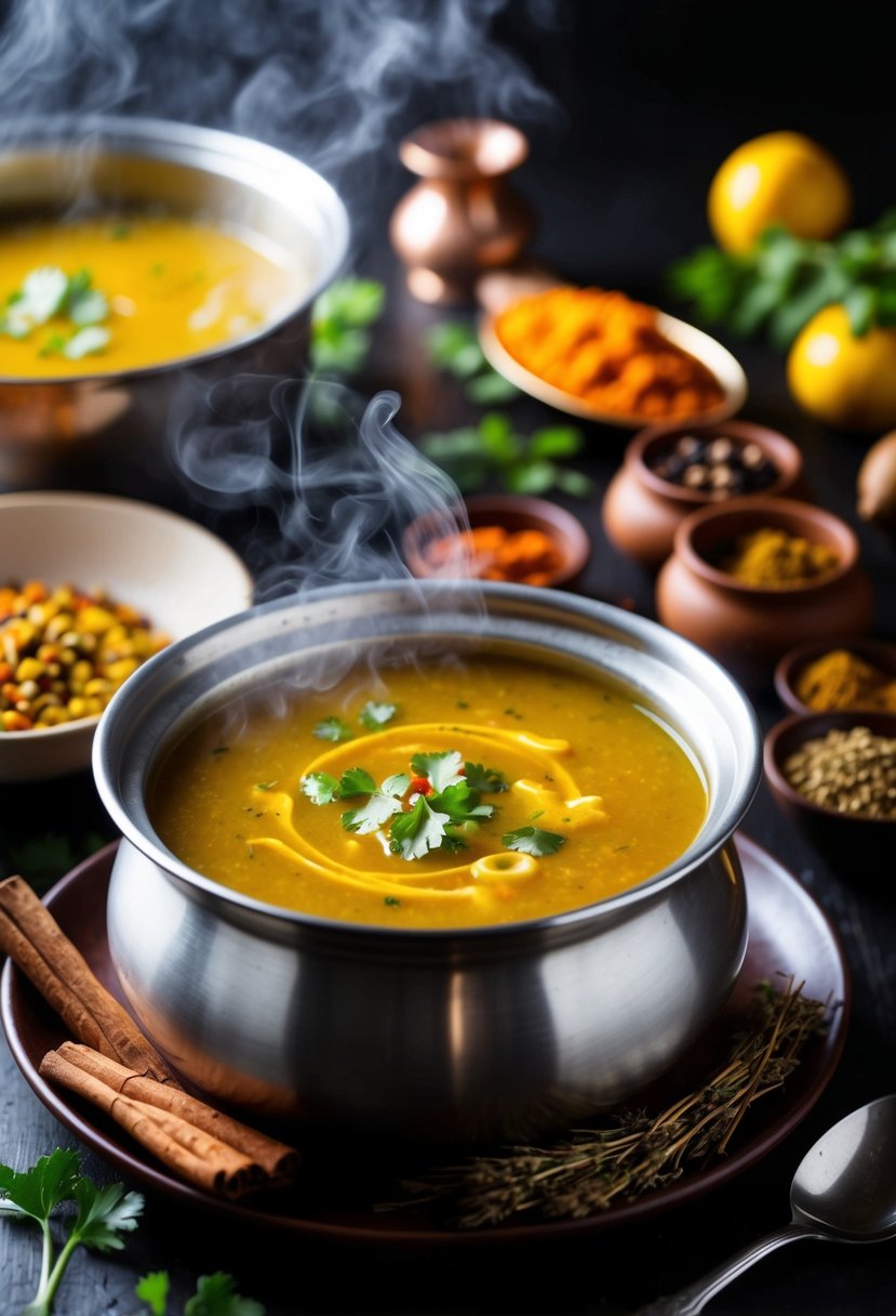 A steaming pot of Kapha-Balancing Soup surrounded by warming spices and fresh ingredients