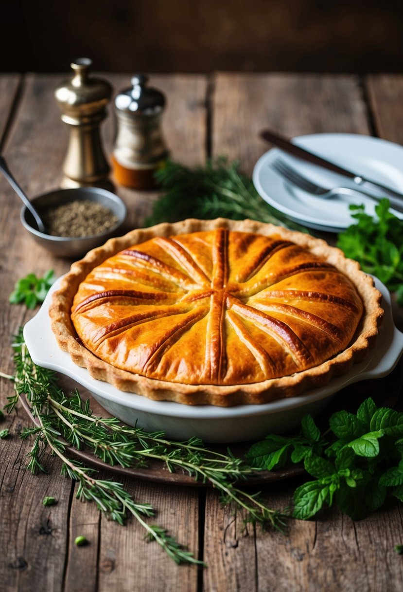 A rustic table set with a golden-brown venison pie, surrounded by fresh herbs and spices