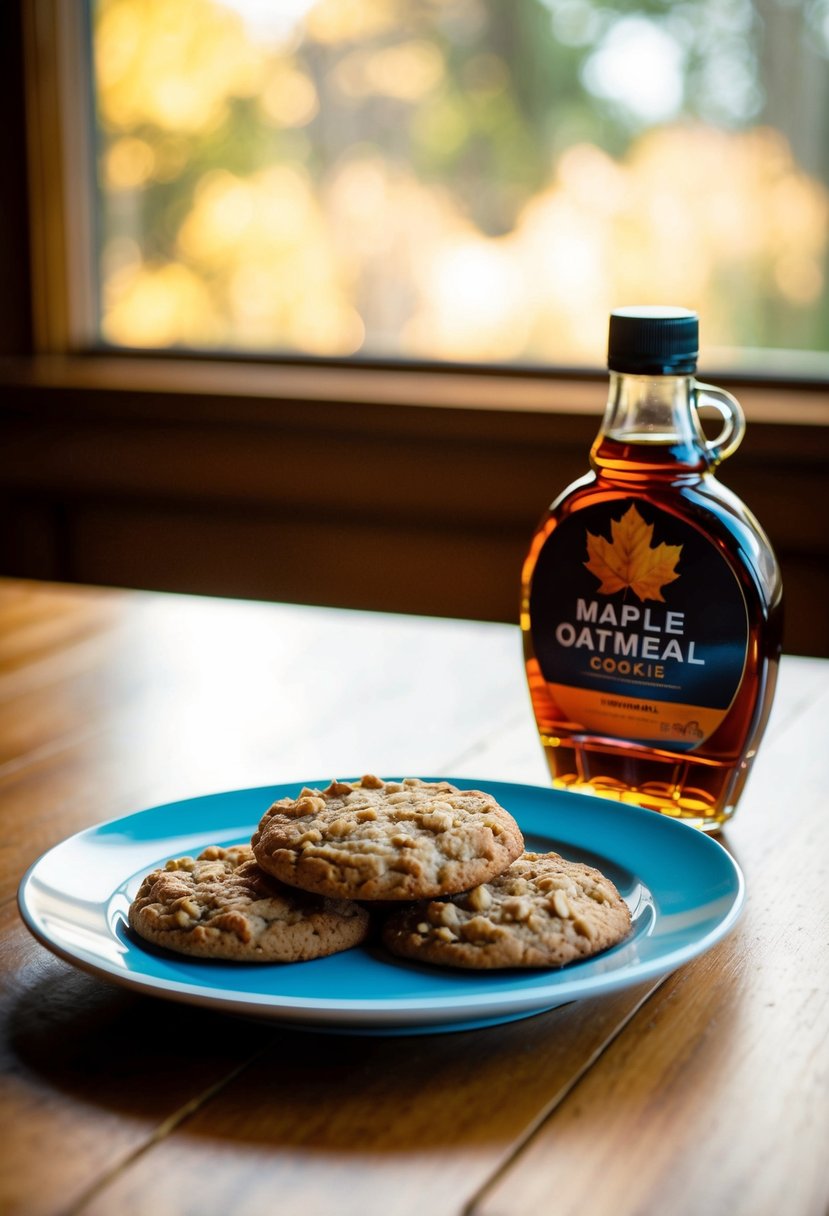 A wooden table with a plate of maple oatmeal cookies and a bottle of maple syrup