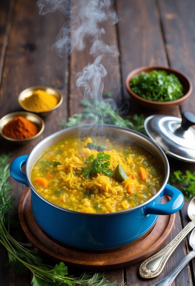 A steaming pot of kitchari sits on a wooden table, surrounded by colorful spices and herbs. A calming, Vata-reducing atmosphere is depicted