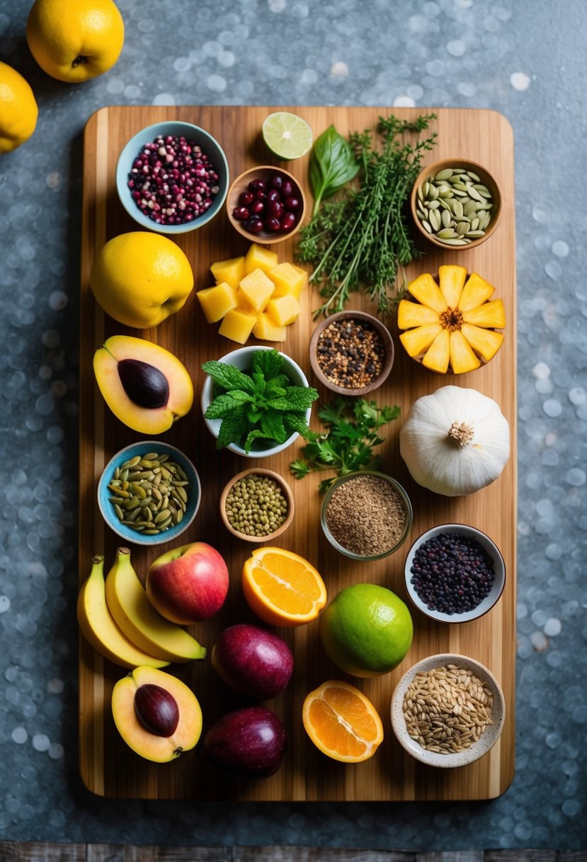 A vibrant array of pitta-pacifying ingredients, such as cooling fruits, soothing herbs, and nourishing seeds, arranged on a wooden cutting board