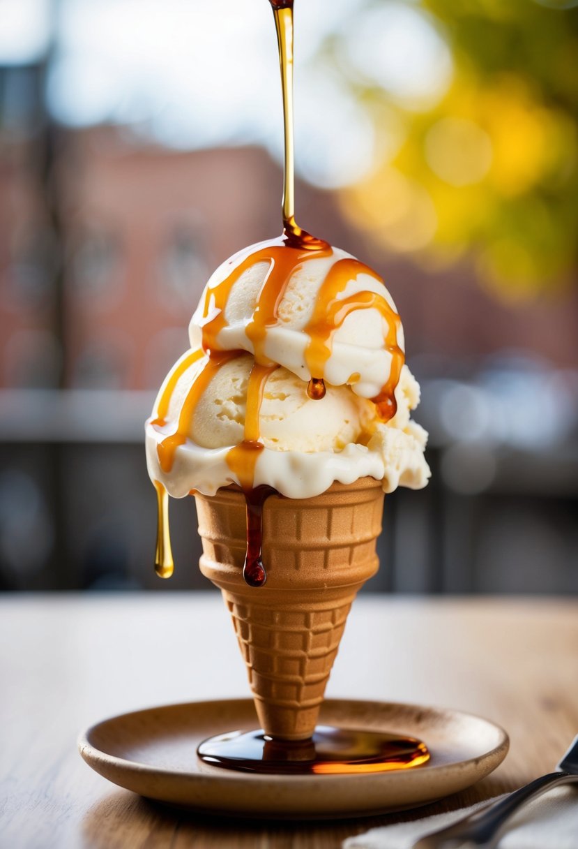 A scoop of maple vanilla ice cream drizzled with maple syrup on a cone