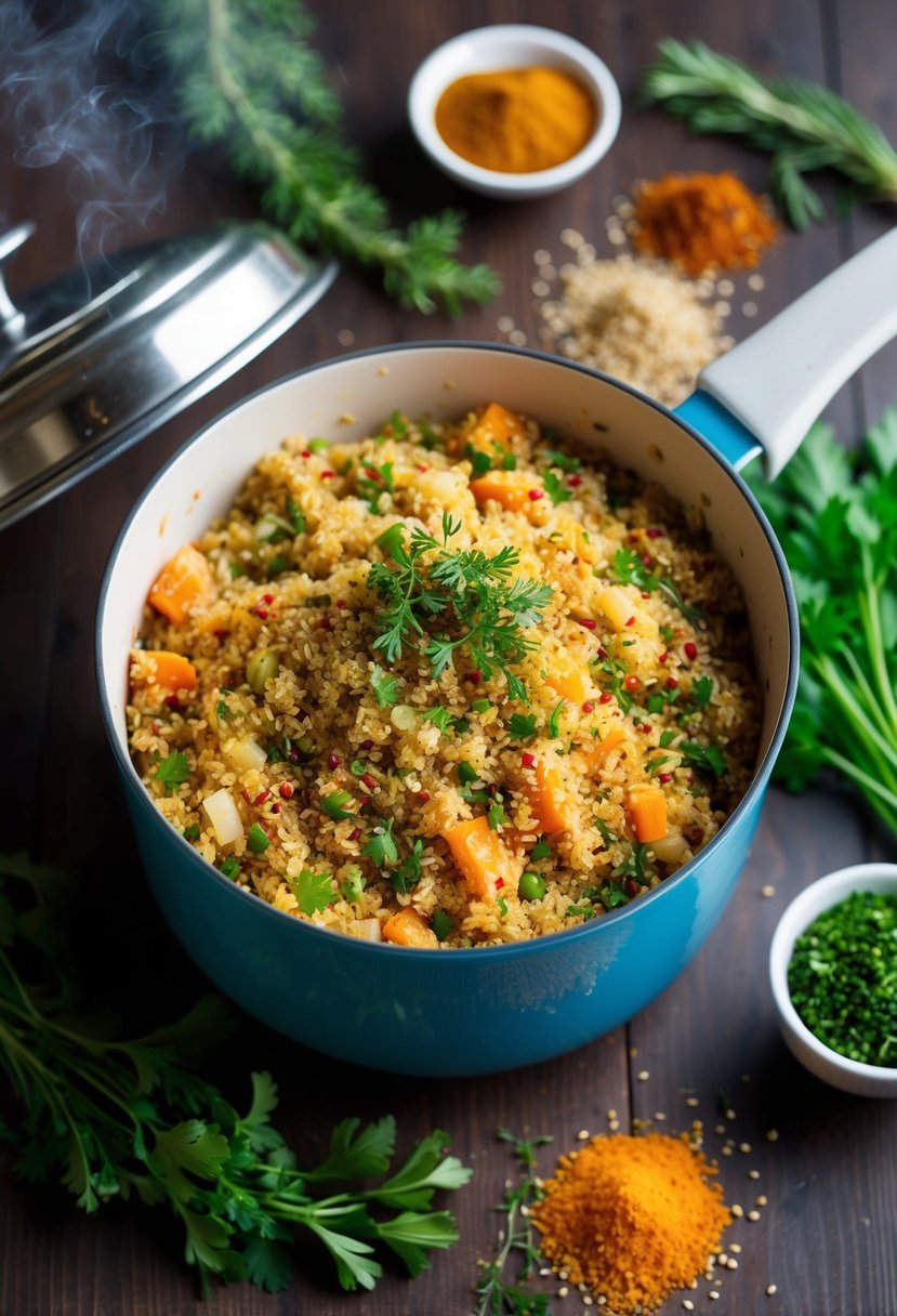 A steaming pot of spiced quinoa pilaf surrounded by colorful herbs and spices