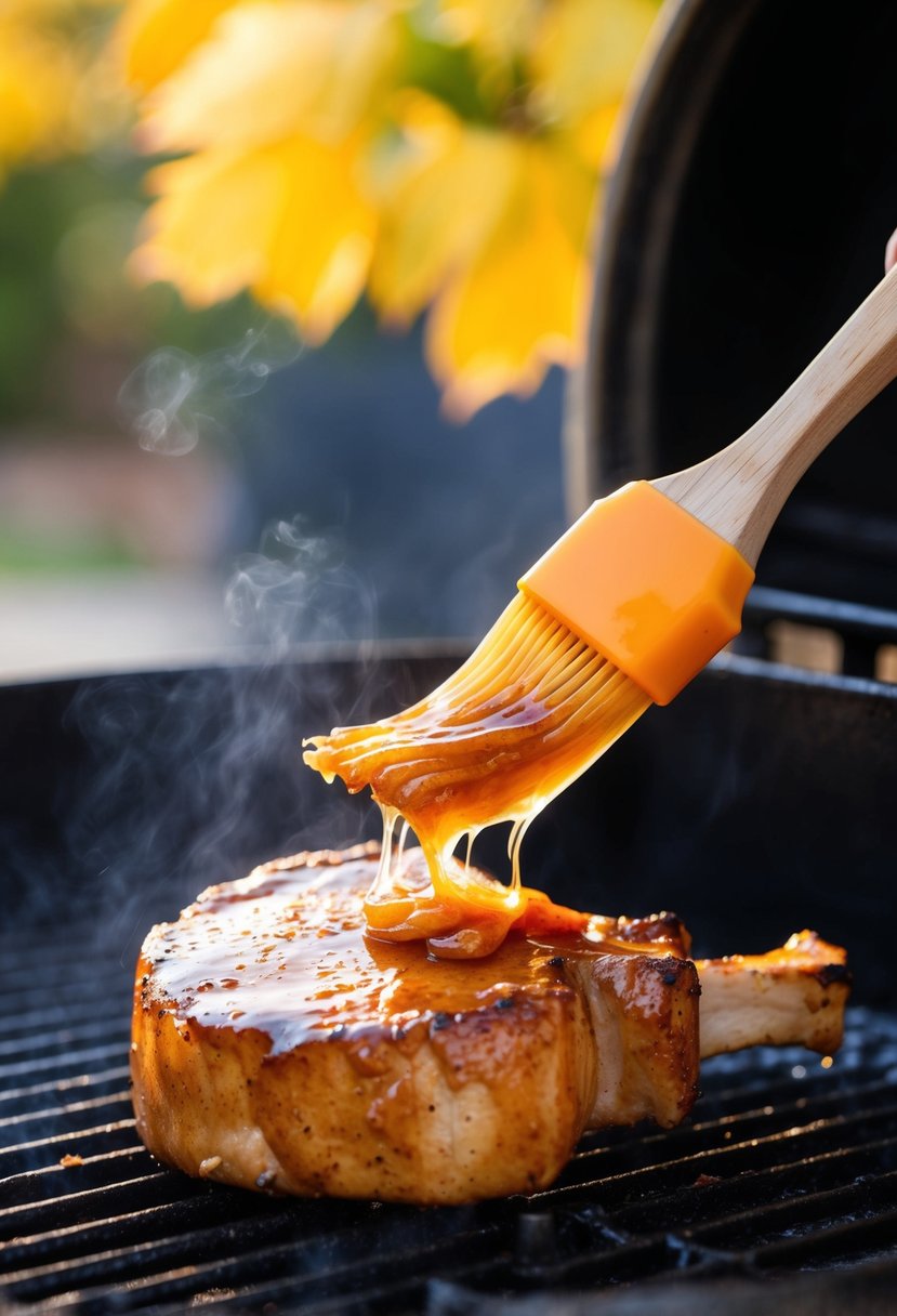 A sizzling pork chop is being brushed with a rich, golden maple glaze, as it cooks on a hot grill. The sweet aroma of maple syrup fills the air