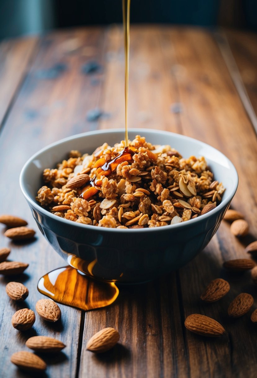 A bowl of granola sits on a wooden table, surrounded by scattered almonds and a drizzle of maple syrup