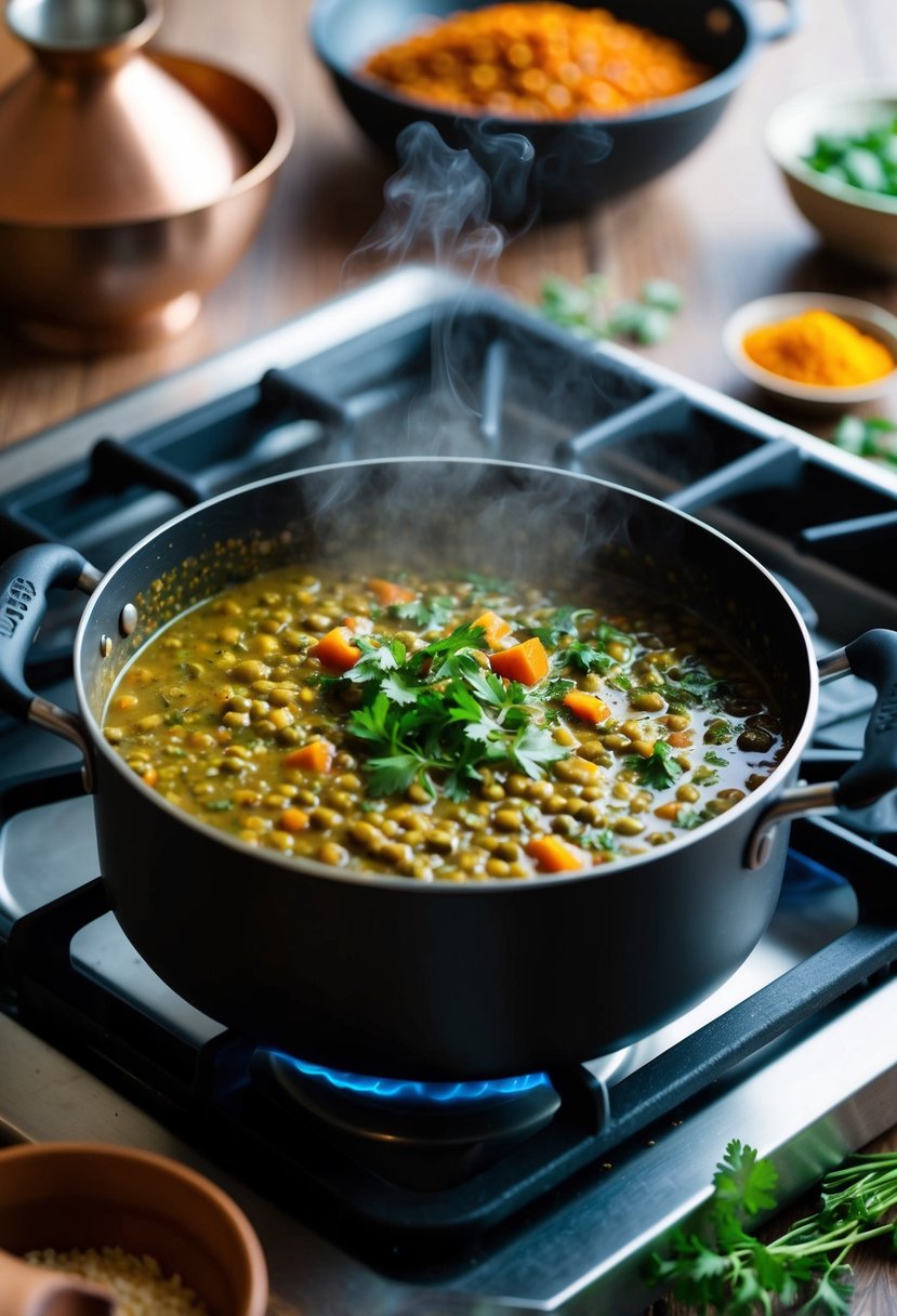 A steaming pot of herb-infused lentil curry simmers on a stovetop, surrounded by vibrant spices and fresh ingredients