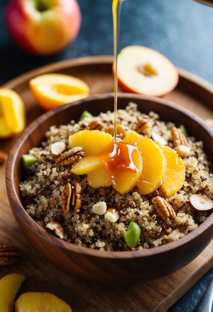 A wooden bowl filled with quinoa, topped with sliced fruits, nuts, and drizzled with maple syrup