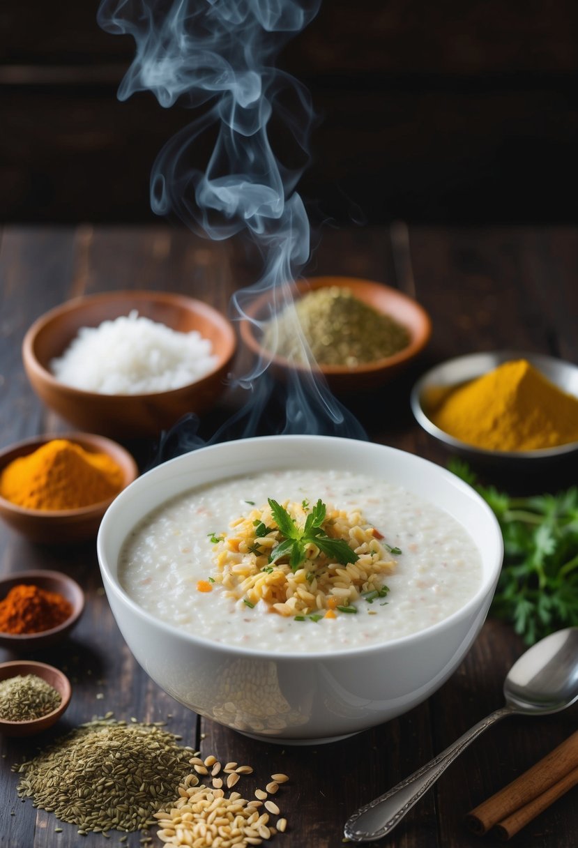 A steaming bowl of coconut milk barley porridge surrounded by ayurvedic herbs and spices