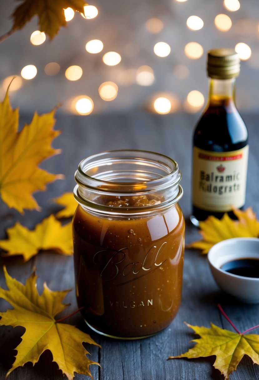 A glass jar of maple balsamic vinaigrette surrounded by fresh maple leaves and a small bottle of balsamic vinegar