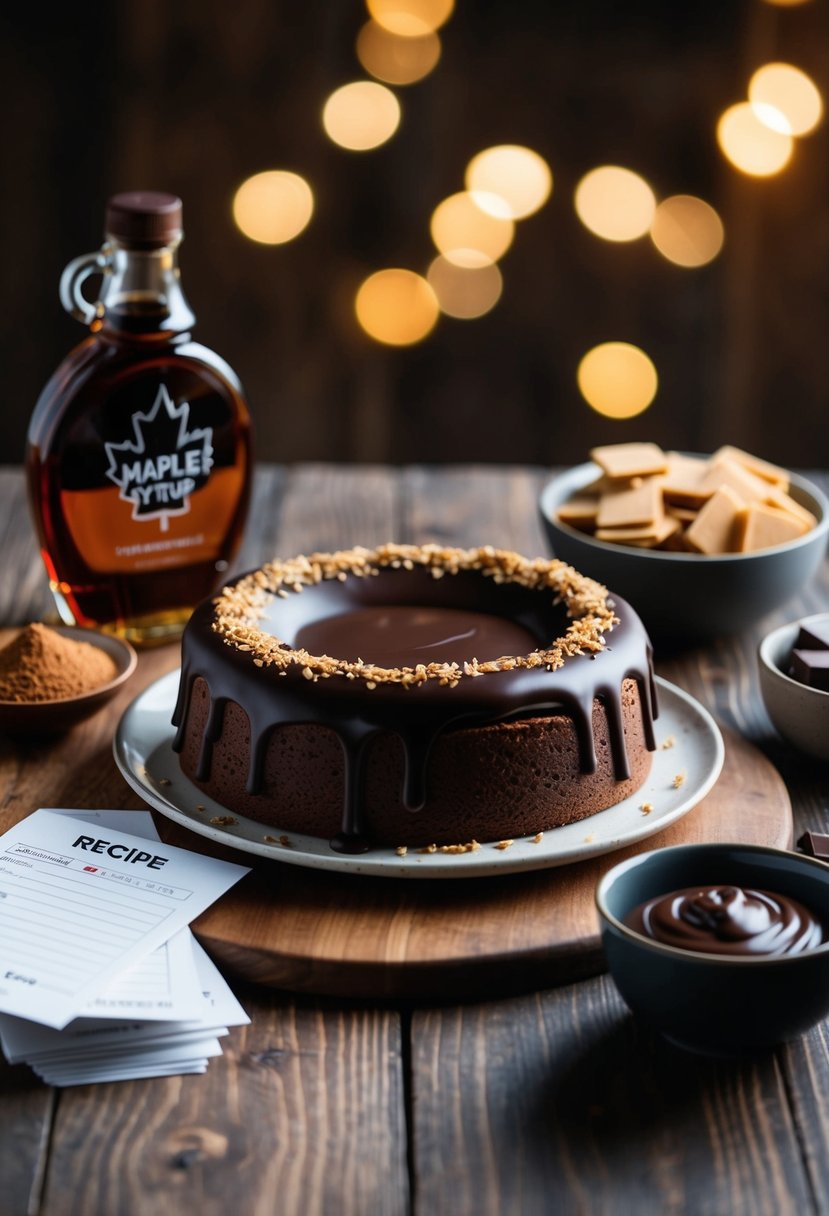 A decadent Maple Chocolate Torte sits on a wooden table surrounded by a jar of maple syrup, a bowl of chocolate, and a stack of recipe cards