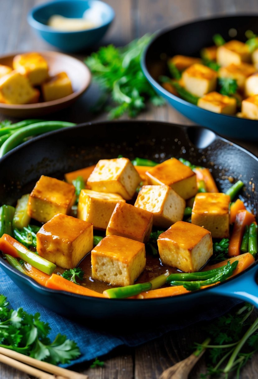 A sizzling skillet holds cubes of golden tofu, glistening in a rich maple ginger glaze, surrounded by vibrant stir-fried vegetables and fragrant herbs