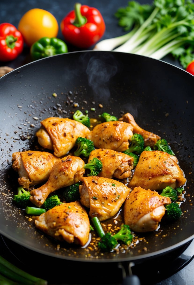 A wok sizzling with marinated chicken, surrounded by fresh vegetables and aromatic spices