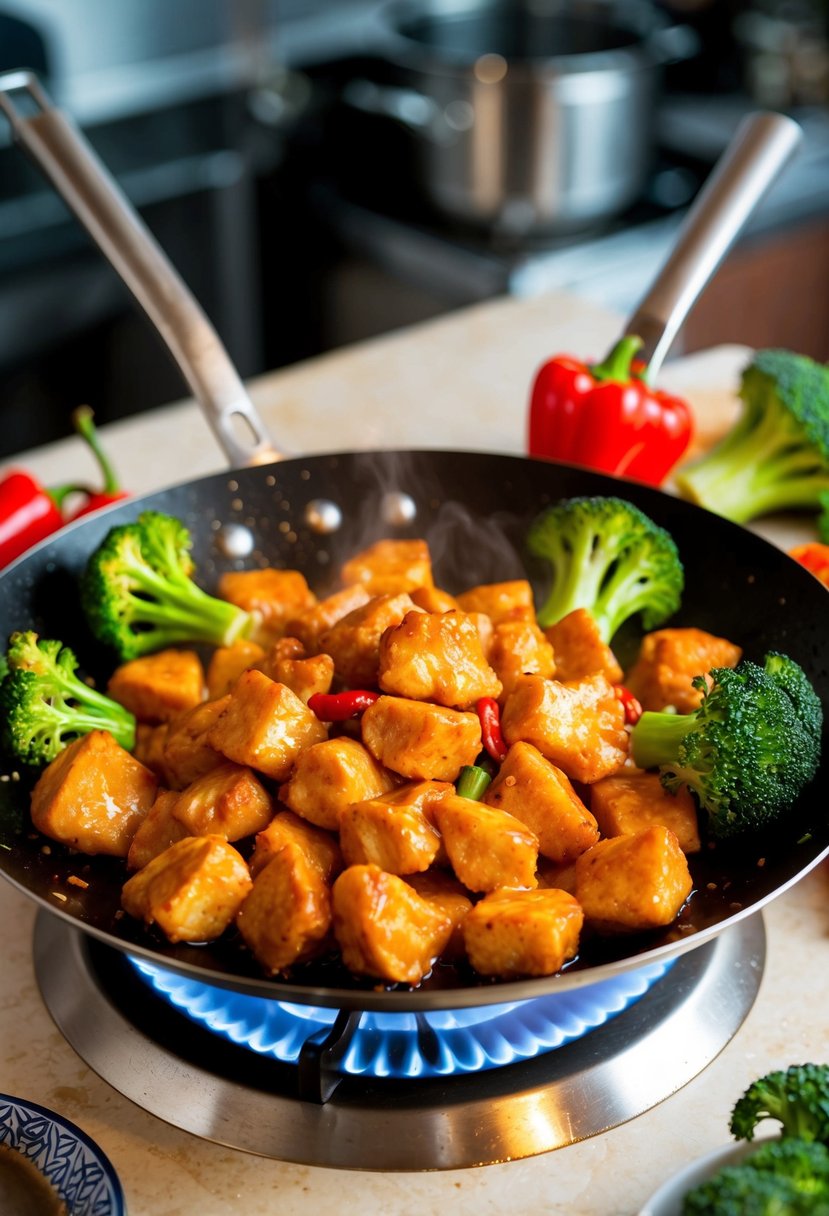 A sizzling wok cooks up crispy chunks of General Tso's Chicken, surrounded by vibrant green broccoli and red chili peppers