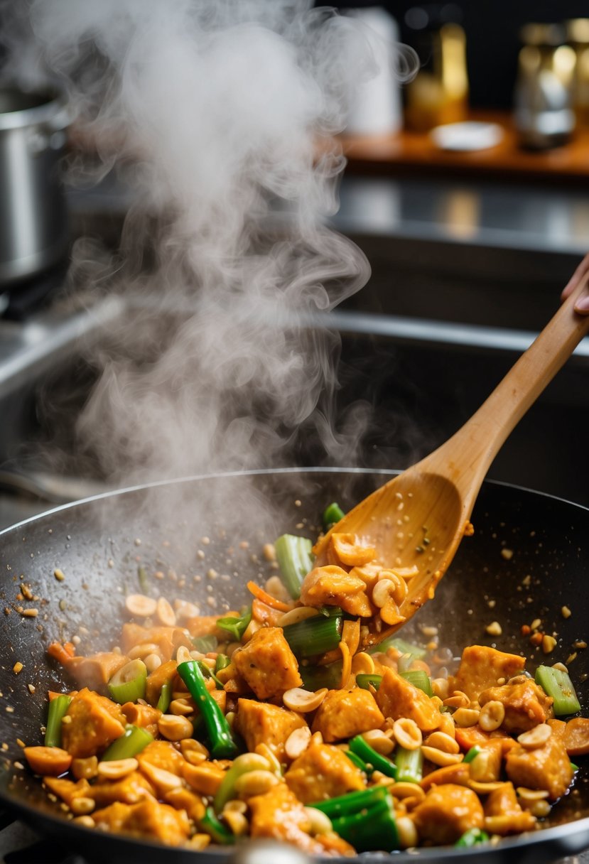 A sizzling wok tosses chunks of chicken, peanuts, and vegetables in a spicy sauce. A cloud of steam rises, carrying the aroma of Kung Pao Chicken