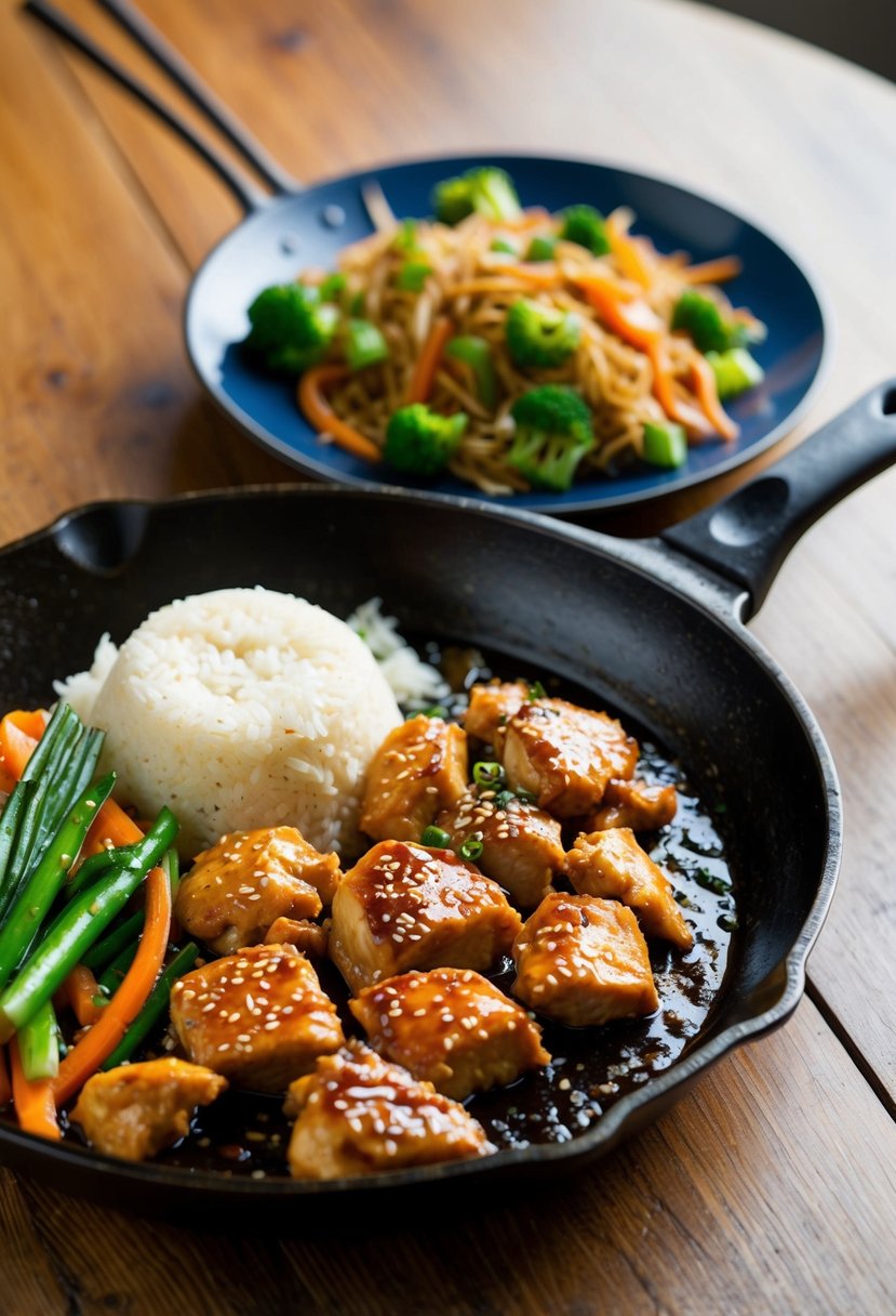 A sizzling skillet of teriyaki chicken with steamed rice and stir-fried vegetables on a wooden table