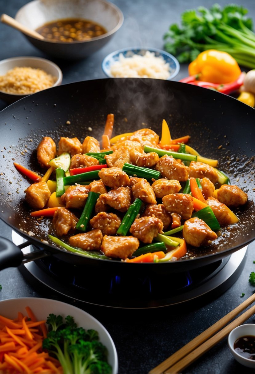 A sizzling wok with sesame chicken, colorful vegetables, and a savory sauce, surrounded by Asian-inspired ingredients and cooking utensils