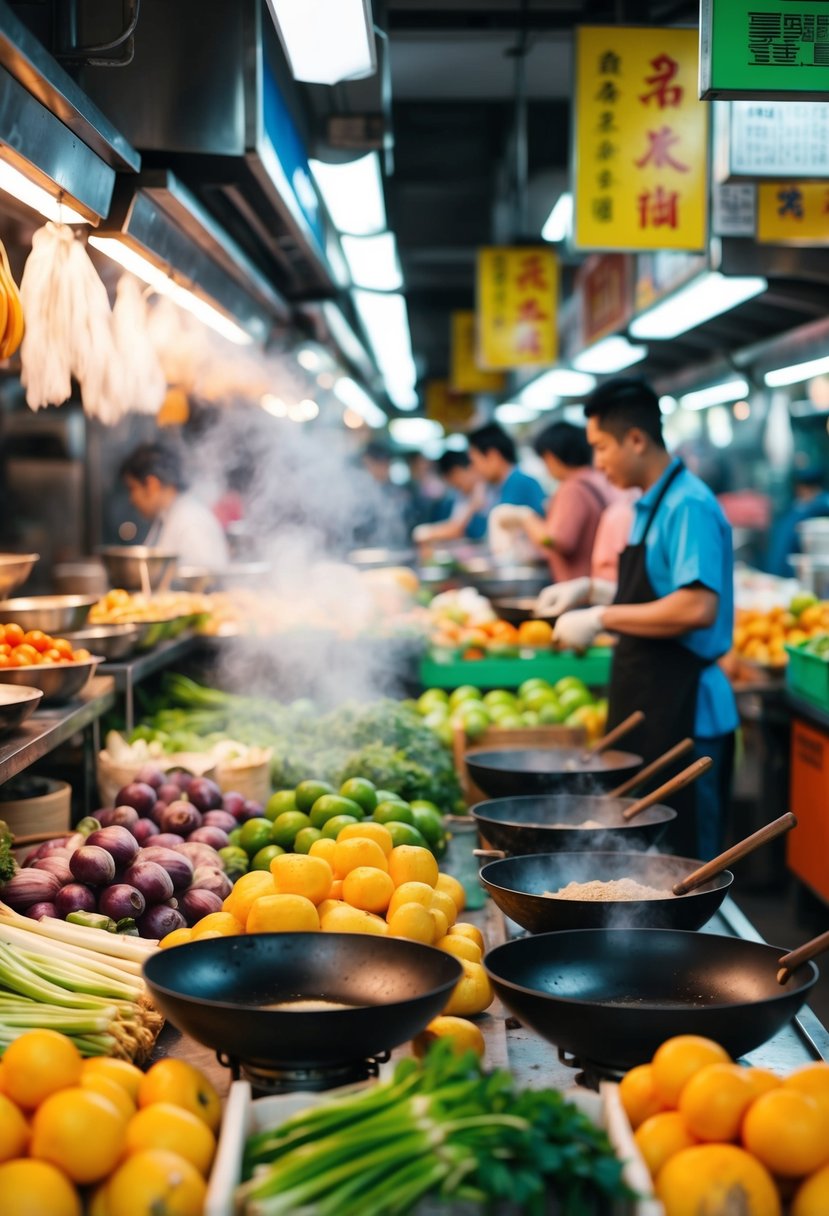 A bustling Chinese market with colorful produce, steaming woks, and traditional cooking utensils