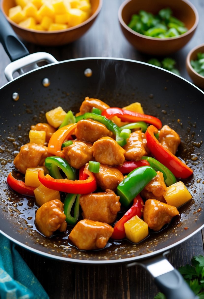 A sizzling wok of sweet and sour chicken stir-fry with colorful bell peppers, pineapple chunks, and tender pieces of chicken coated in a glossy sauce