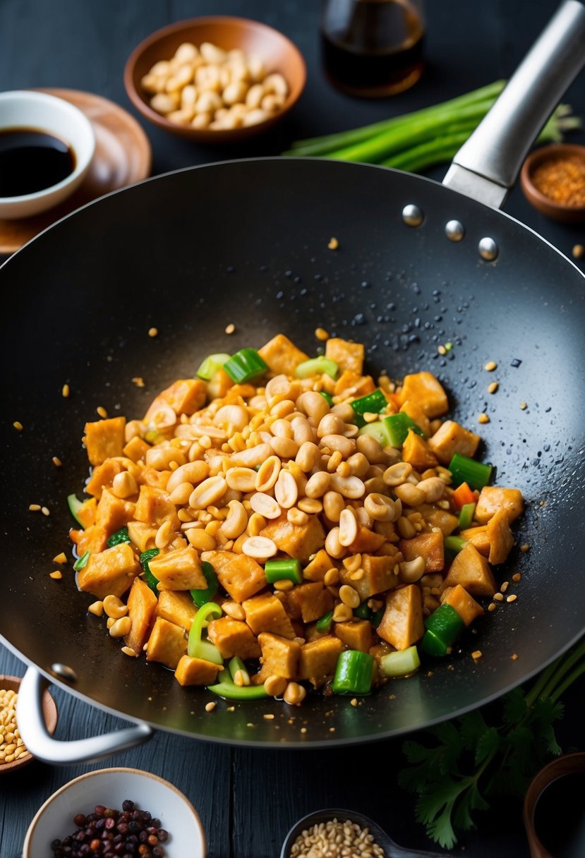 A sizzling wok filled with diced chicken, peanuts, and vegetables, surrounded by traditional Chinese cooking ingredients like soy sauce and Sichuan peppercorns