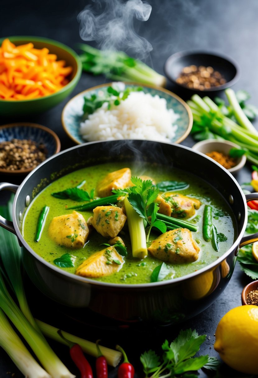 A steaming pot of Thai green curry chicken with coconut milk, lemongrass, and vibrant green herbs, surrounded by a colorful array of fresh vegetables and aromatic spices