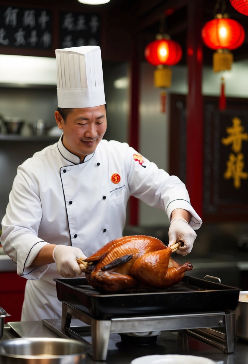 A chef roasting Peking duck in a traditional Chinese kitchen