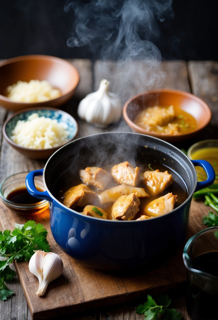 A steaming pot of chicken adobo simmers on a rustic wooden table, surrounded by fresh ingredients like garlic, soy sauce, and vinegar