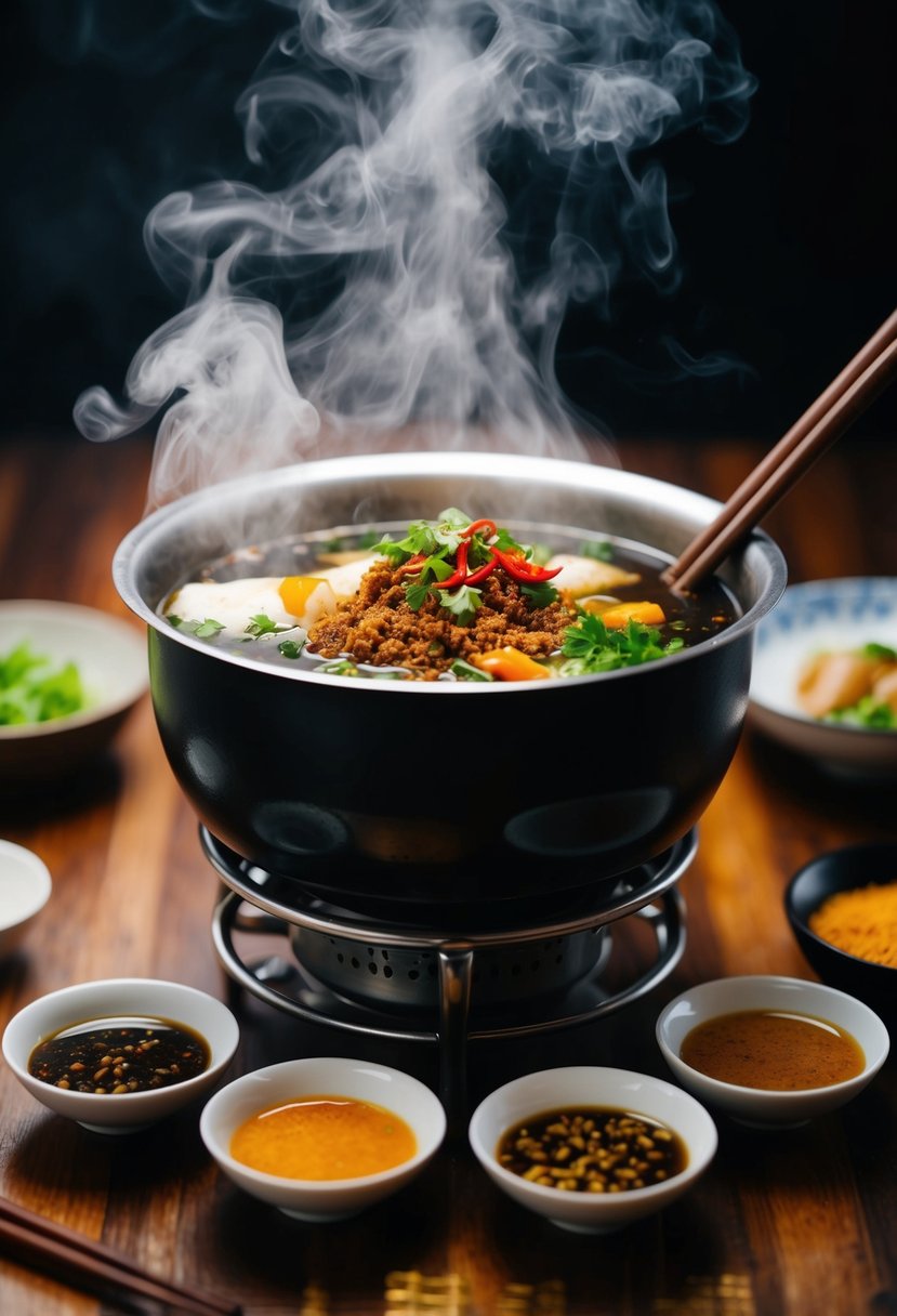 A steaming hot pot filled with Sichuan spices and ingredients, surrounded by chopsticks and small dishes of dipping sauces