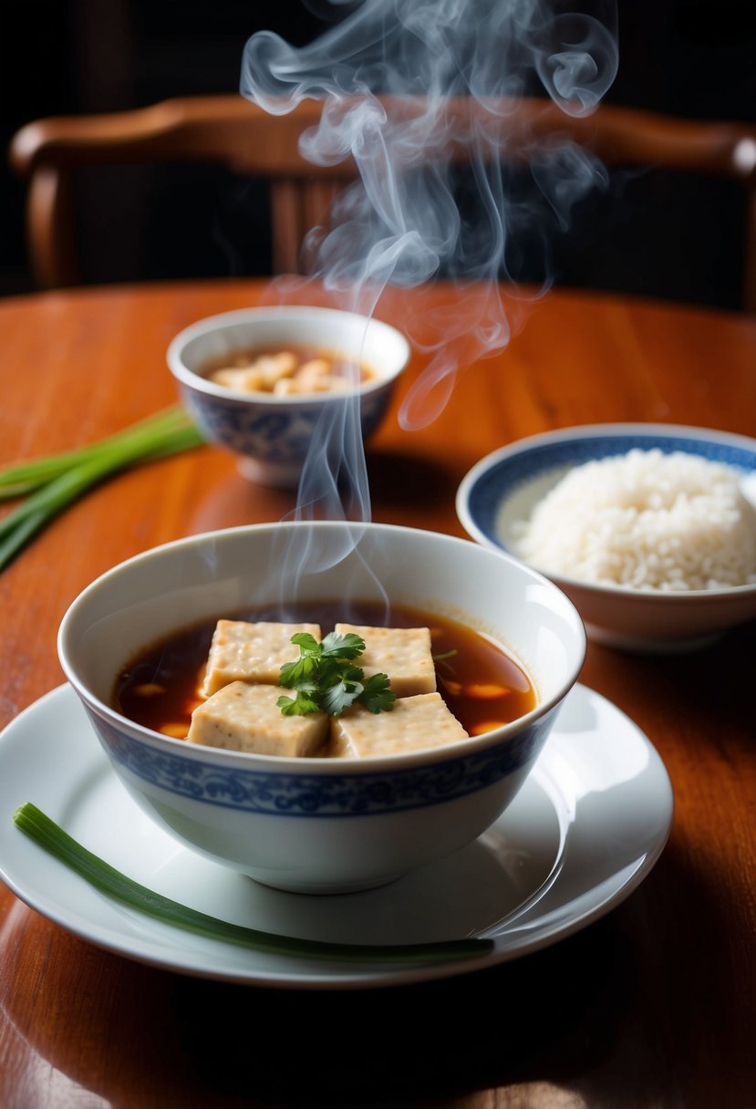 A steaming hot bowl of Ma Po Tofu with a side of white rice on a traditional Chinese dining table