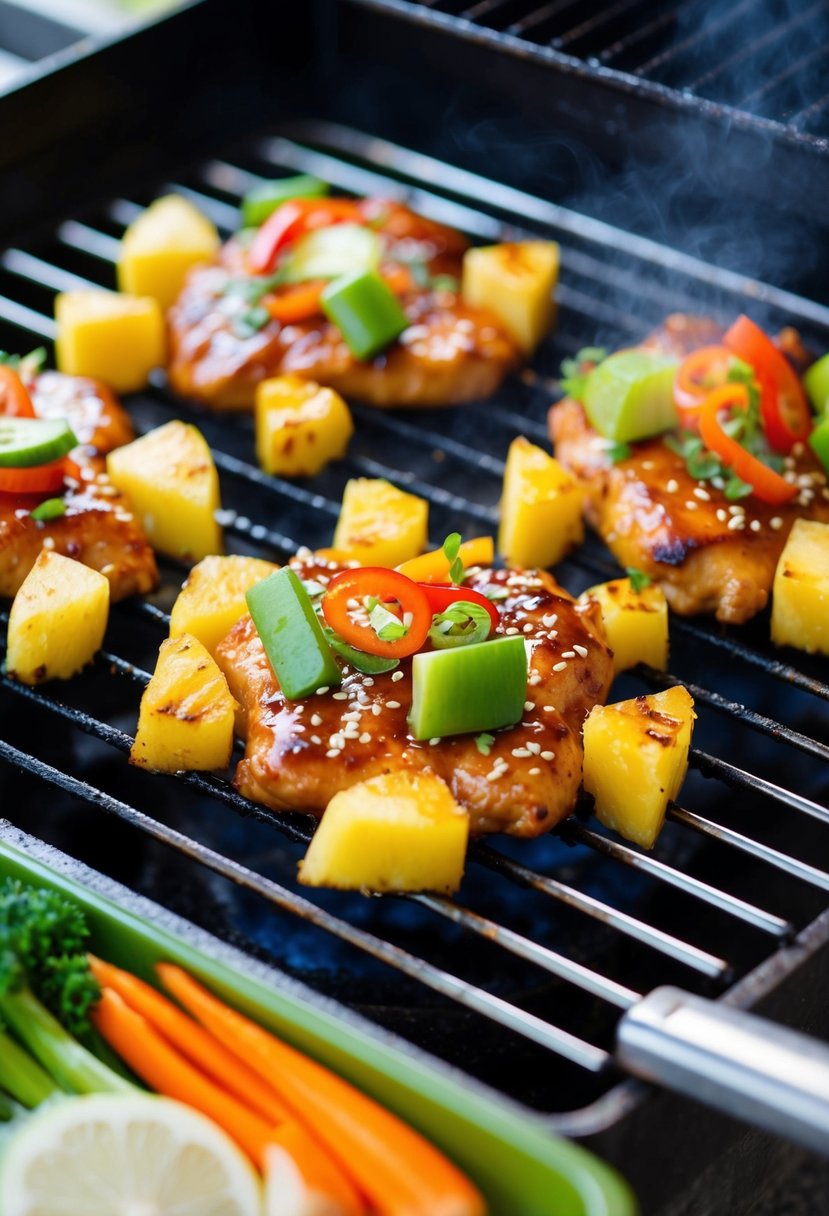 A sizzling teriyaki chicken dish with pineapple chunks and colorful vegetables on a hot grill