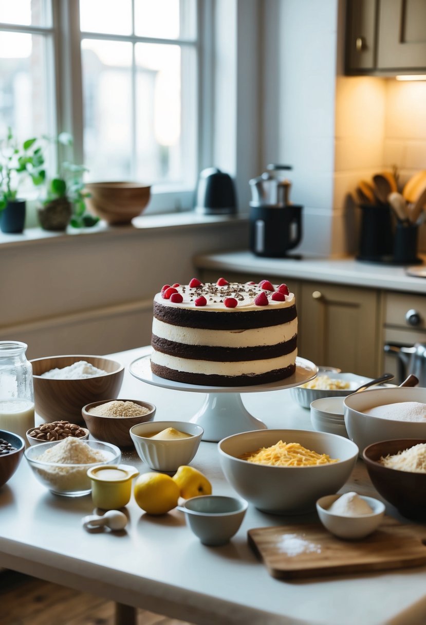 A table with various ingredients and kitchen utensils for making layer cakes