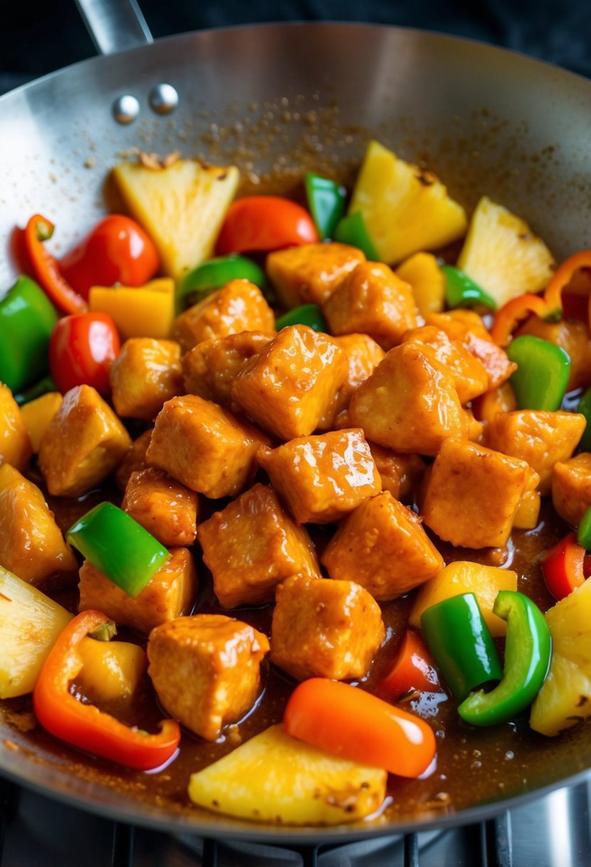 A sizzling wok filled with chunks of golden-brown sweet and sour chicken, surrounded by colorful bell peppers, pineapple, and a glossy, tangy sauce