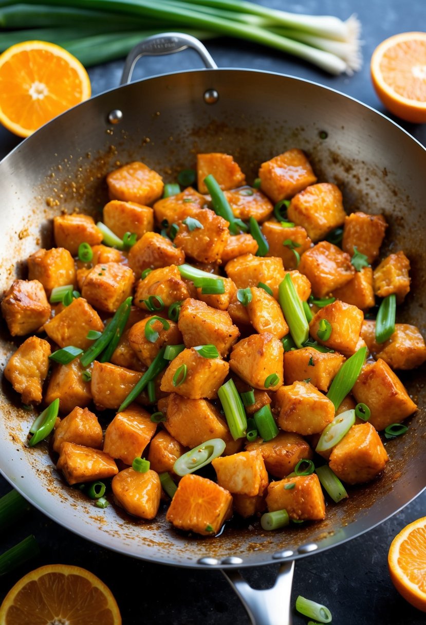 A sizzling wok filled with crispy chunks of orange-glazed chicken, surrounded by vibrant orange slices and fresh green scallions