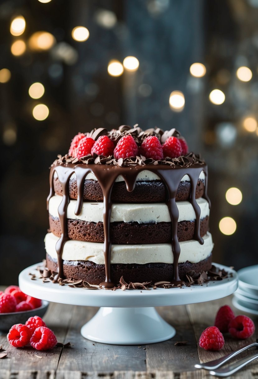 A decadent triple chocolate layer cake sits on a white cake stand, adorned with chocolate shavings and surrounded by fresh raspberries