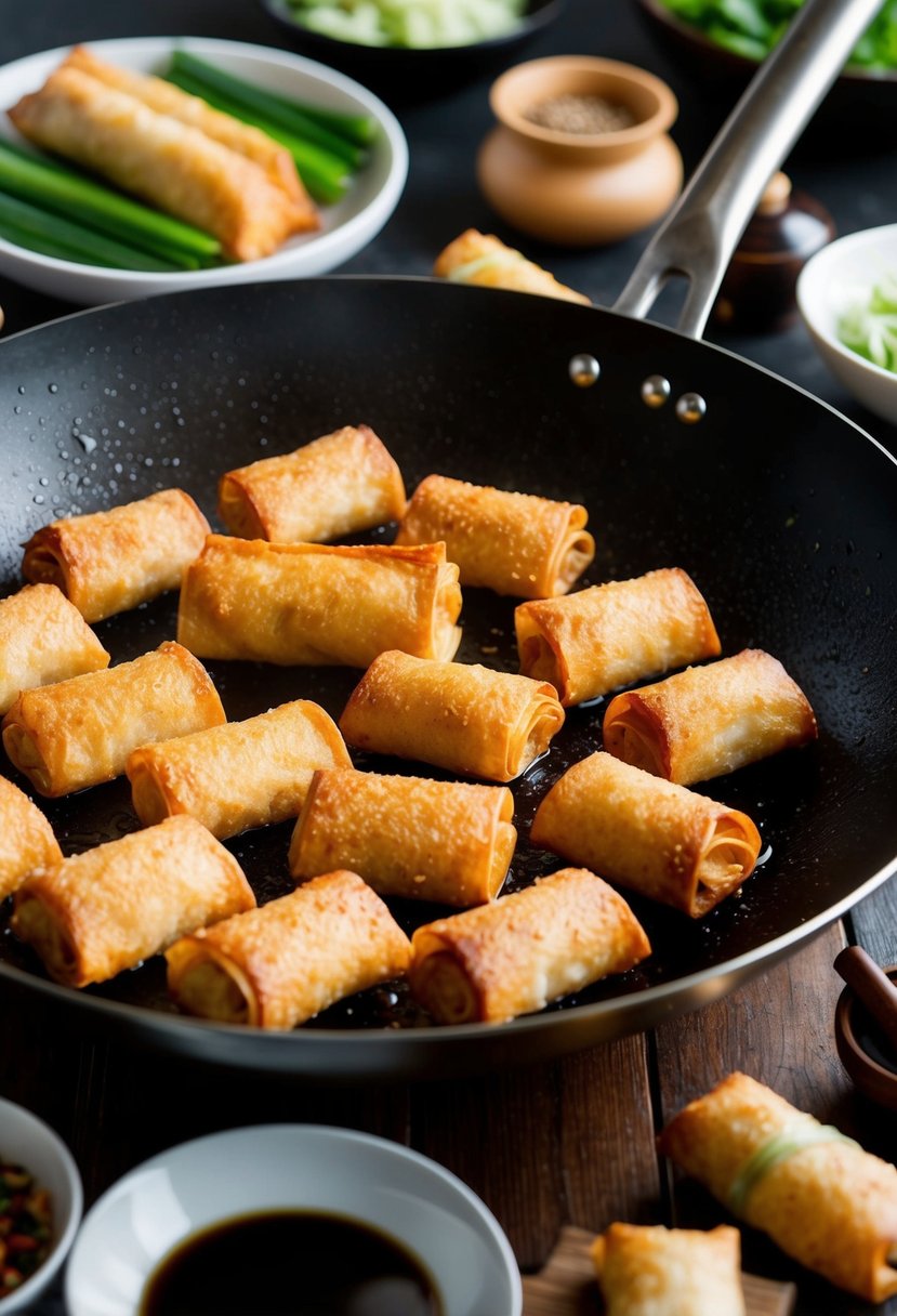 A sizzling wok fries up golden, crispy spring rolls, surrounded by traditional Chinese cooking ingredients and utensils