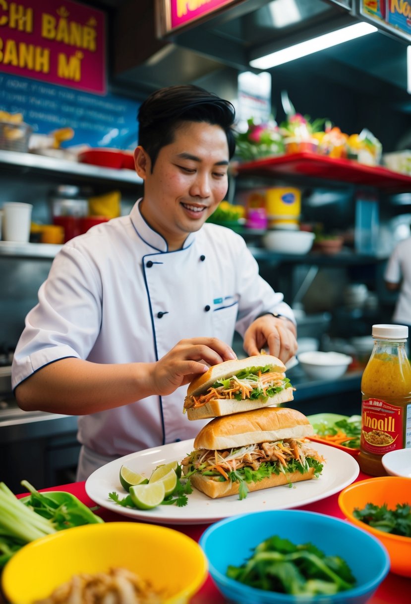 A colorful street food stall with a chef assembling a Chicken Bánh Mì sandwich, surrounded by vibrant Asian ingredients and condiments