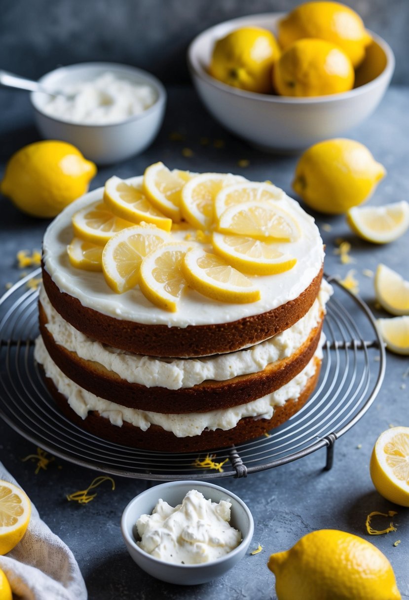 A rustic kitchen scene with a freshly baked lemon ricotta layer cake cooling on a wire rack, surrounded by scattered lemons and a bowl of creamy ricotta cheese