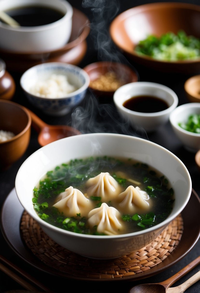 A steaming bowl of wonton soup surrounded by traditional Chinese ingredients and cooking utensils