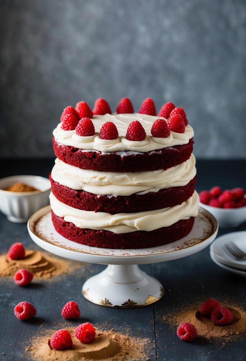 A classic red velvet layer cake with cream cheese frosting sits on a vintage cake stand, surrounded by scattered cocoa powder and fresh raspberries